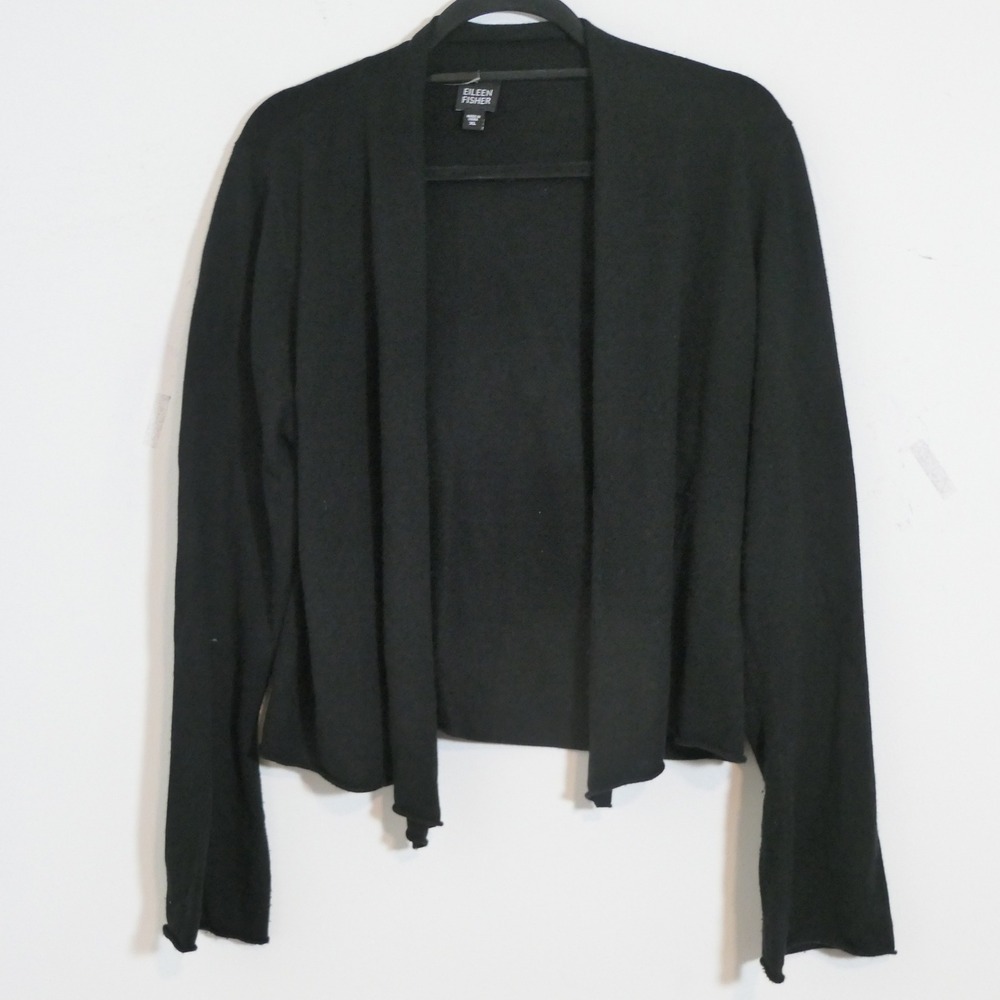 Eileen Fisher Women Silk Cashmere Cardigan XL Black Open Front Minimalist Luxury